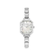 Stainless steel Nomination Time watch with CZ bezel and white mother-of-pearl dial on Composable strap, front view.