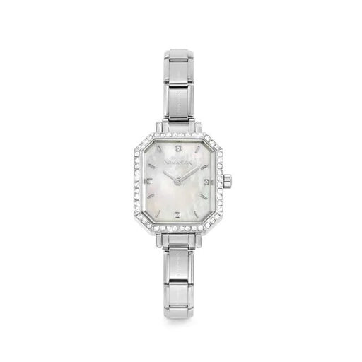 Stainless steel Nomination Time watch with CZ bezel and white mother-of-pearl dial on Composable strap, front view.