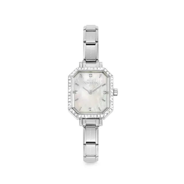 Stainless steel Nomination Time watch with CZ bezel and white mother-of-pearl dial on Composable strap, front view.