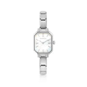 Nomination Time octagon watch with white mother-of-pearl dial and Roman numerals on stainless steel Composable strap, front view.