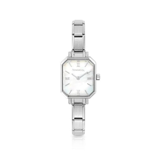 Nomination Time octagon watch with white mother-of-pearl dial and Roman numerals on stainless steel Composable strap, front view.