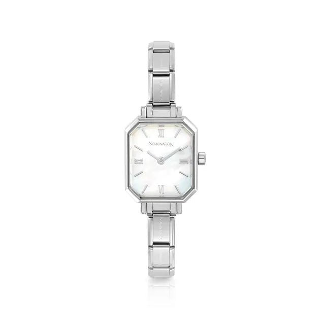 Nomination Time octagon watch with white mother-of-pearl dial and Roman numerals on stainless steel Composable strap, front view.