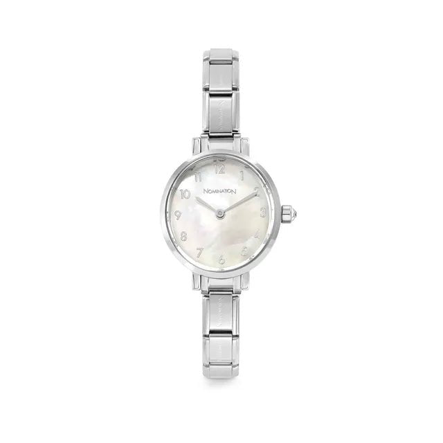Stainless steel Nomination Time watch with oval white mother of pearl dial on a Composable strap, front view.