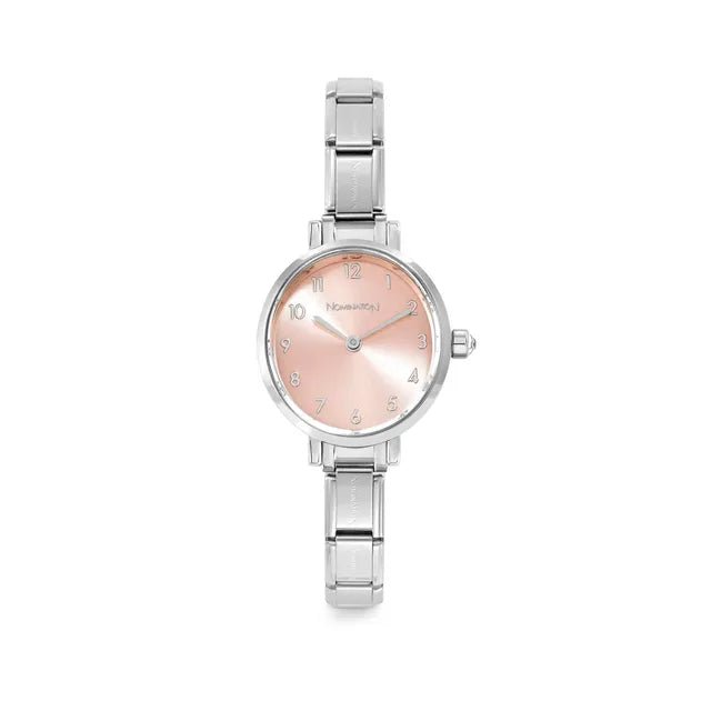 Stainless steel Nomination Time watch with oval sunray pink dial on a Composable strap, front view.