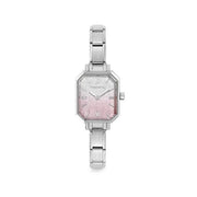 Nomination Time watch with octagonal case and pink–silver glitter dial on stainless steel Composable strap, front view.