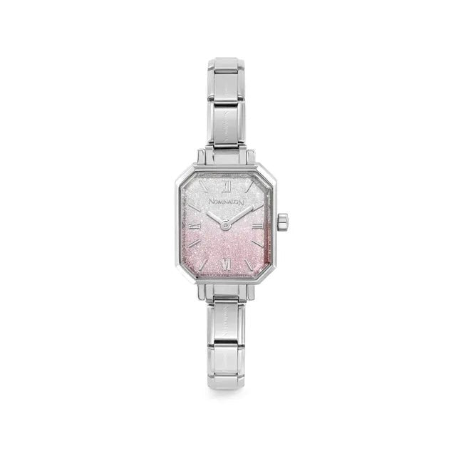 Nomination Time watch with octagonal case and pink–silver glitter dial on stainless steel Composable strap, front view.