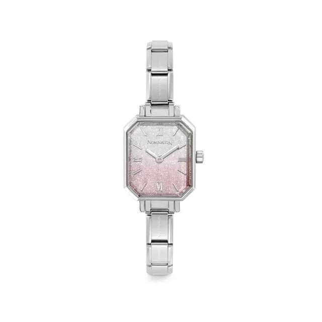Nomination Time watch with octagonal case and pink–silver glitter dial on stainless steel Composable strap, front view.