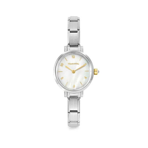 Nomination Time round watch with white mother-of-pearl dial, gold accents and stainless steel Composable strap.