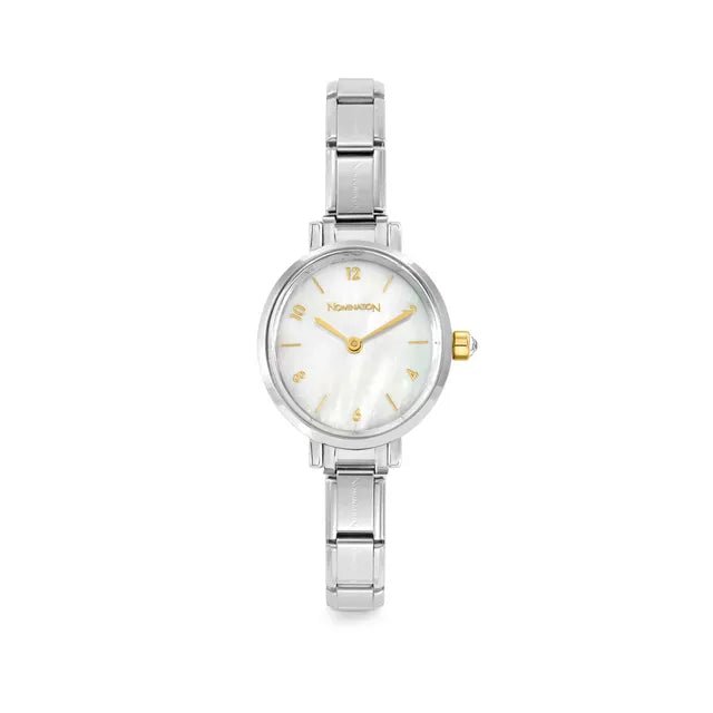 Nomination Time round watch with white mother-of-pearl dial, gold accents and stainless steel Composable strap.