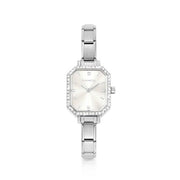 Stainless steel Nomination Time watch with octagonal CZ bezel and sunray silver dial, front view.