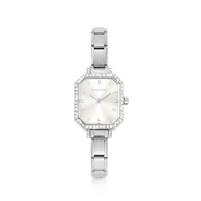 Stainless steel Nomination Time watch with octagonal CZ bezel and sunray silver dial, front view.