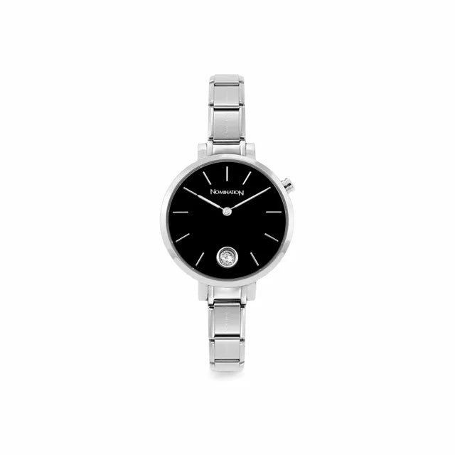 Nomination Time round watch with sunray black dial, CZ detail and stainless steel Composable strap, front view.