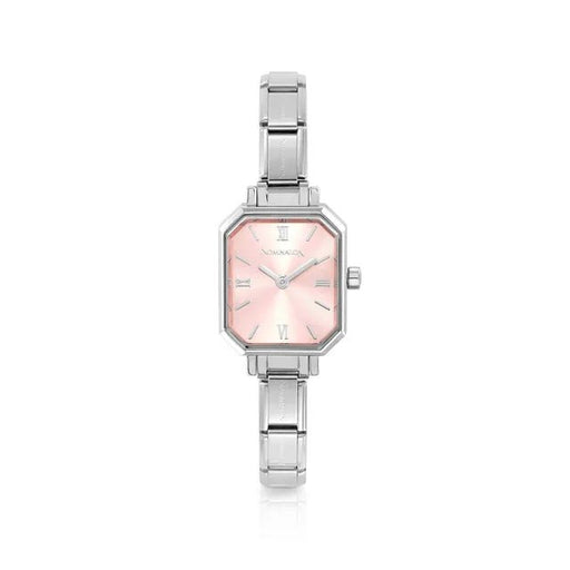 Nomination Time watch with octagonal case and Sunray Pink dial on stainless steel Composable strap, front view.