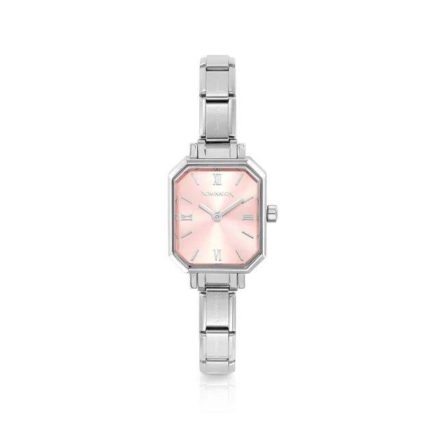 Nomination Time watch with octagonal case and Sunray Pink dial on stainless steel Composable strap, front view.