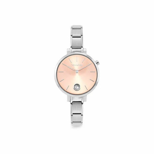Nomination Time round watch with sunray pink dial, CZ detail and stainless steel Composable strap, front view.