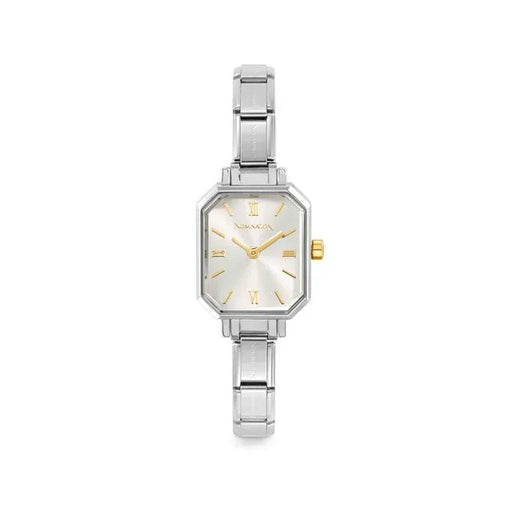 Nomination Time octagon watch with sunray silver dial and gold accents on stainless steel Composable strap, front view.