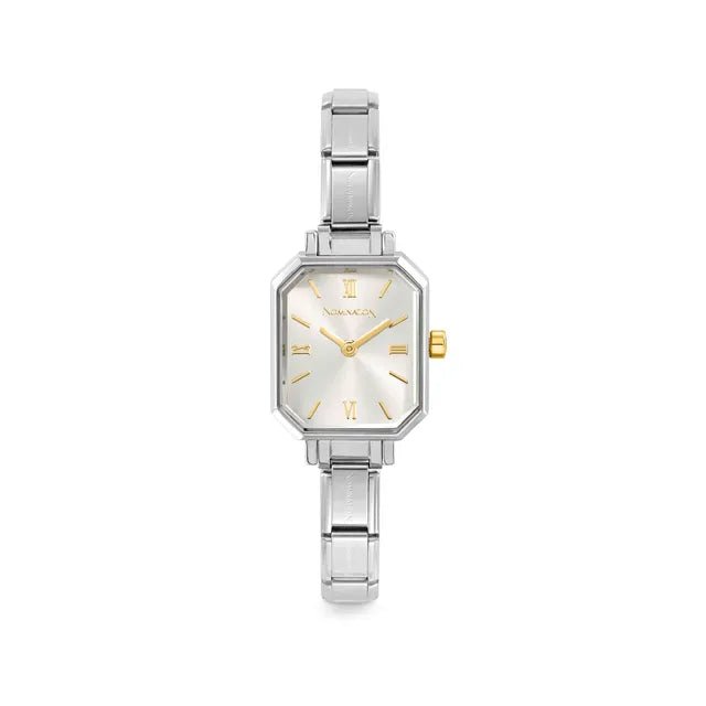 Nomination Time octagon watch with sunray silver dial and gold accents on stainless steel Composable strap, front view.