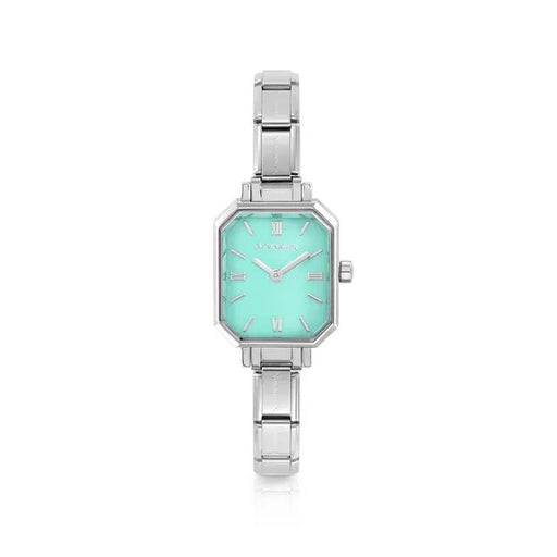 Nomination Time octagon watch with turquoise dial on stainless steel Composable strap, front view.