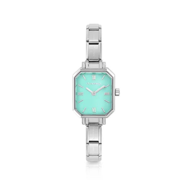 Nomination Time octagon watch with turquoise dial on stainless steel Composable strap, front view.