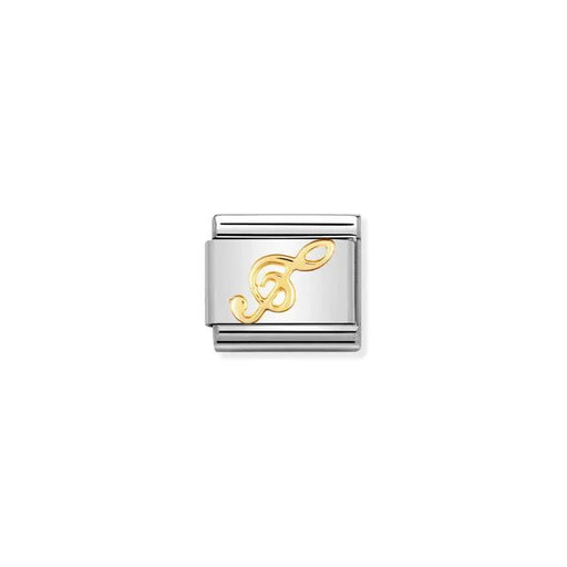 Nomination Composable Classic Link charm with yellow-gold treble clef on stainless-steel base, close-up
