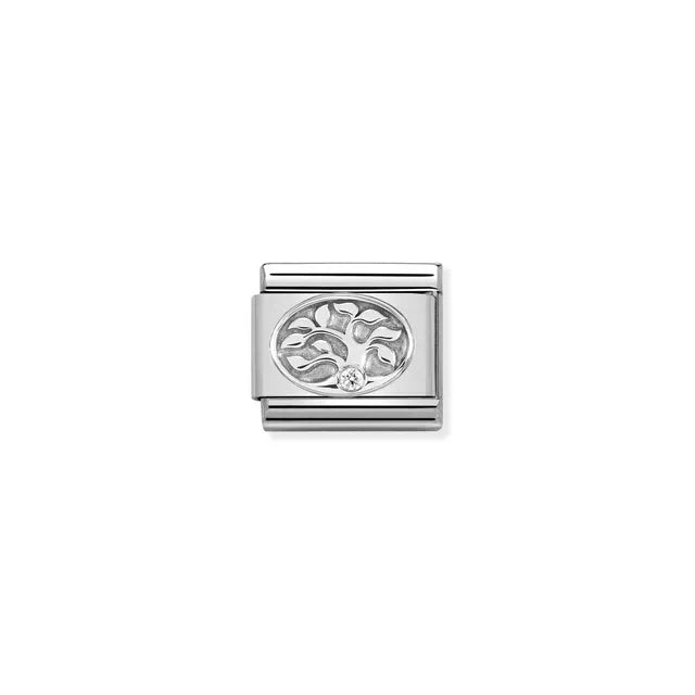 Nomination Tree of Life Classic Link charm in stainless steel and sterling silver with white cubic zirconia