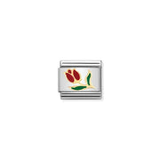 Nomination Classic Link charm with red tulip and green leaves in enamel, outlined in yellow gold on stainless steel
