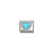 Faceted turquoise heart Nomination Classic Link charm with beaded silver frame, close-up
