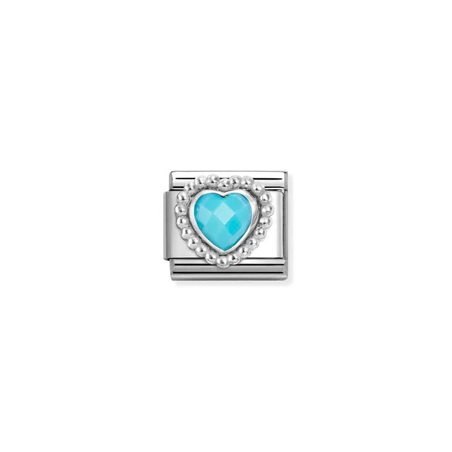 Faceted turquoise heart Nomination Classic Link charm with beaded silver frame, close-up