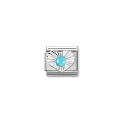Close-up of Nomination Turquoise Heart Classic Link in stainless steel with sterling silver sunburst heart and 3mm turquoise cabochon