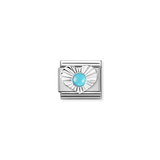 Close-up of Nomination Turquoise Heart Classic Link in stainless steel with sterling silver sunburst heart and 3mm turquoise cabochon