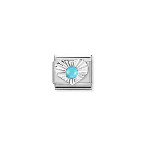 Close-up of Nomination Turquoise Heart Classic Link in stainless steel with sterling silver sunburst heart and 3mm turquoise cabochon