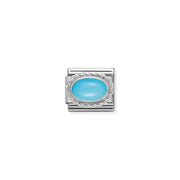 Close-up of Nomination Classic Link with oval turquoise (7x5mm) in sterling-silver rope bezel on stainless steel