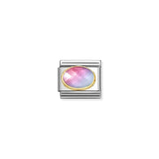 Nomination Classic Link with two-tone pink–light blue faceted oval stone in yellow-gold bezel on stainless steel, close-up.