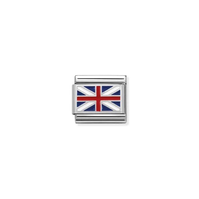 Close-up of Nomination Classic link charm with Union Jack flag enamel