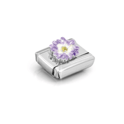 Angled close-up of Nomination Violet Flower Link showing raised purple enamel petals, sterling silver detailing and yellow cubic zirconia.