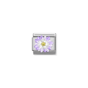 Nomination Violet Flower Classic Composable Link featuring lilac and white enamel petals with a yellow cubic zirconia centre on stainless steel.