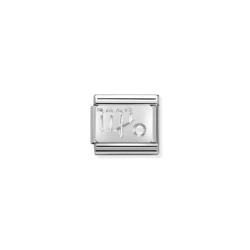 Close-up of Nomination Classic Link Virgo zodiac charm in stainless steel with a sterling-silver symbol and white cubic zirconia, for Composable Classic bracelets.
