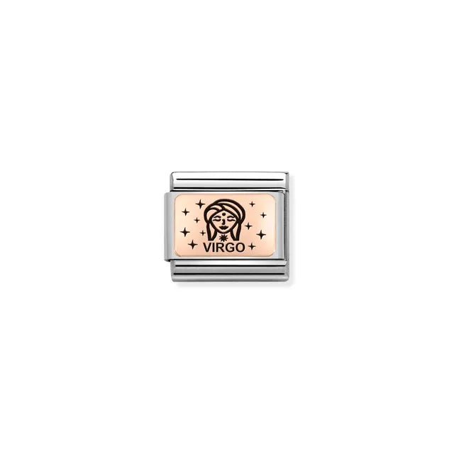 Virgo zodiac Nomination Classic Link in bonded rose gold with black enamel, close-up