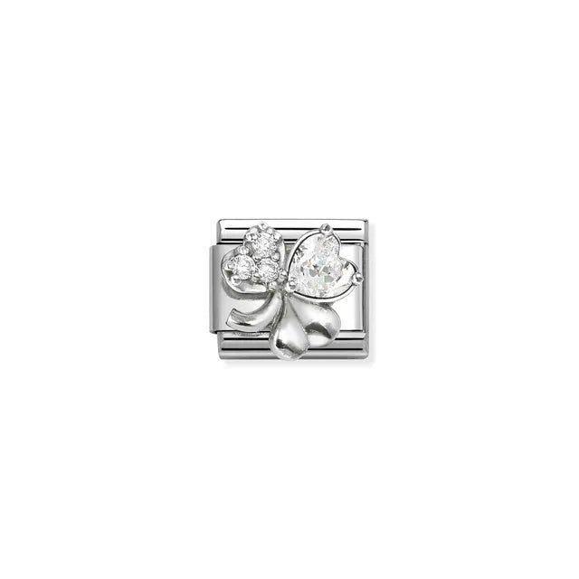 Nomination Classic Link charm with clover set with white cubic zirconia in sterling silver on stainless steel, for a Nomination Bracelet