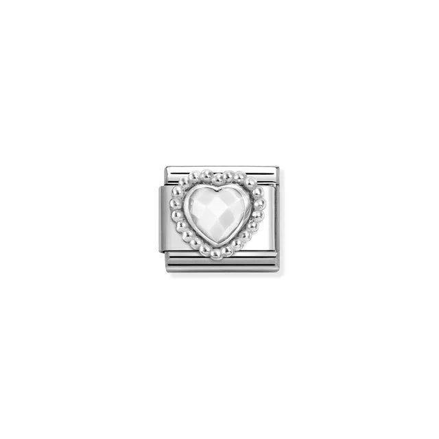 Faceted white heart Nomination Classic Link charm with beaded silver halo, close-up