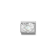 Close-up of Nomination White Opal Heart Classic Link in stainless steel with sterling silver sunburst heart and 3mm white opal cabochon