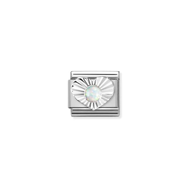 Close-up of Nomination White Opal Heart Classic Link in stainless steel with sterling silver sunburst heart and 3mm white opal cabochon