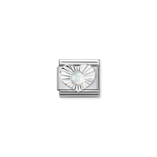 Close-up of Nomination White Opal Heart Classic Link in stainless steel with sterling silver sunburst heart and 3mm white opal cabochon