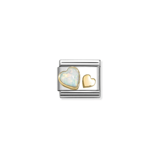 Nomination White Opal Hearts Classic Composable Link with an iridescent white synthetic opal heart and smaller 18k gold heart.
