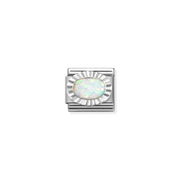 White opal oval Nomination Classic Link charm with ridged silver bezel, close-up
