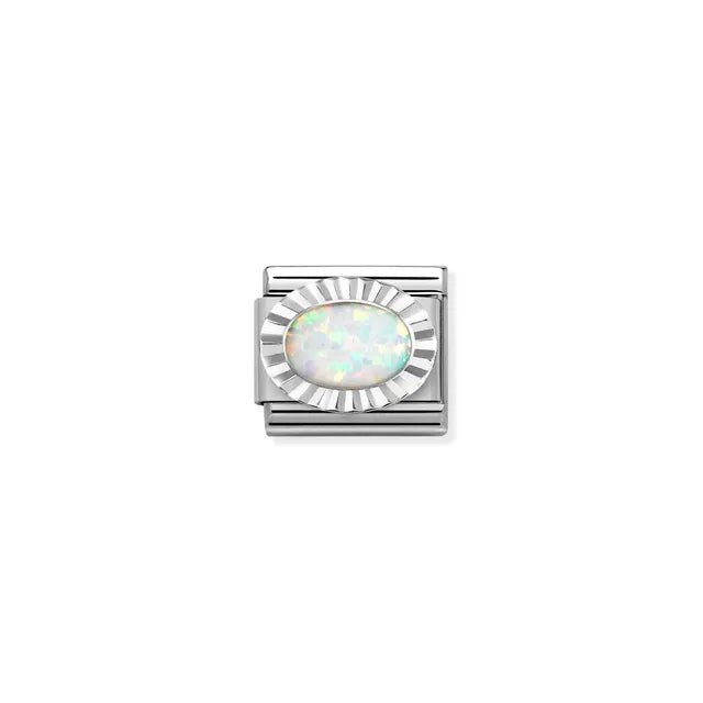 White opal oval Nomination Classic Link charm with ridged silver bezel, close-up