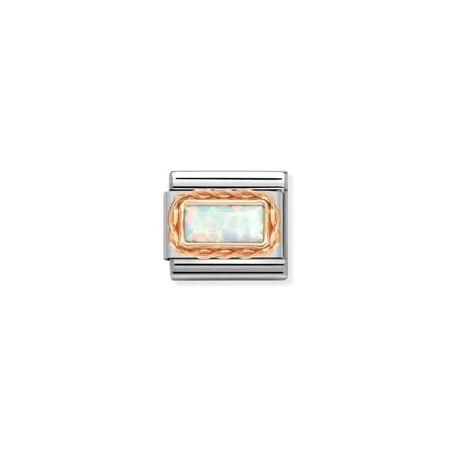 Nomination Classic Link with rectangular synthetic white opal in ornate rose-gold setting on stainless steel, close-up.