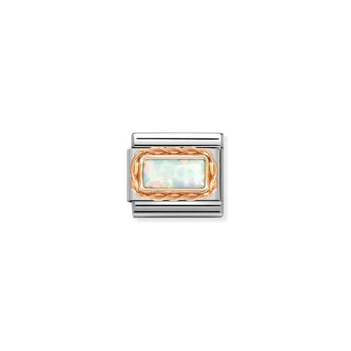 Nomination Classic Link with rectangular synthetic white opal in ornate rose-gold setting on stainless steel, close-up.