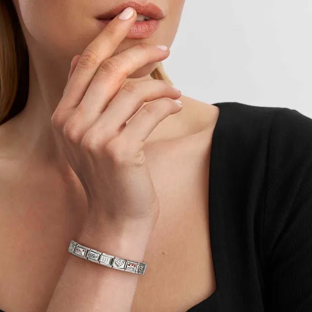 Women’s Nomination bracelet styled with multiple Classic links and charms