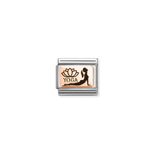 Rose gold Nomination Classic Link with YOGA and lotus, woman in cobra pose, close-up